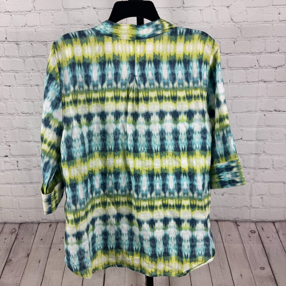 Chico's No Iron 100% Linen Watercolor Tie Dye Green Blue Button Down Size 12 - Picture 4 of 6